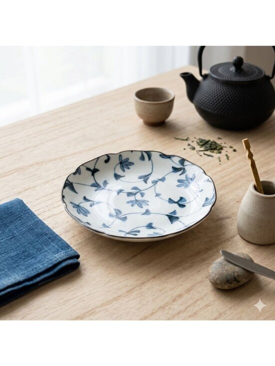 Utsuwa No Yakata Other - Japanese Hana Karakusa Blue White Scalloped Porcelain 5" Salad Plate